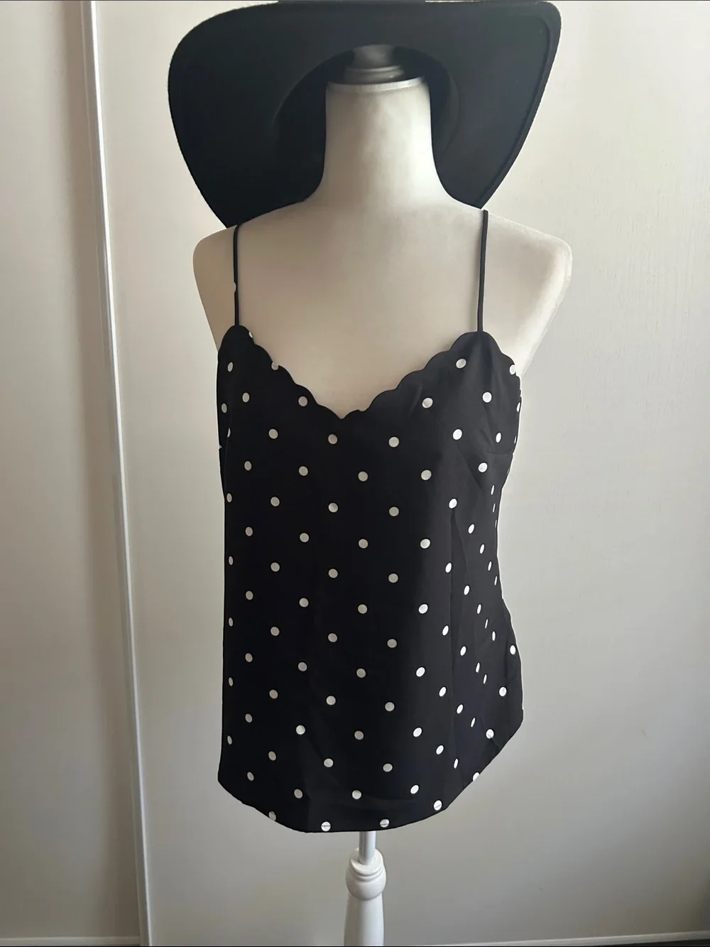 J. Crew Black with White Polka Dot Scallop V-Neck Cami